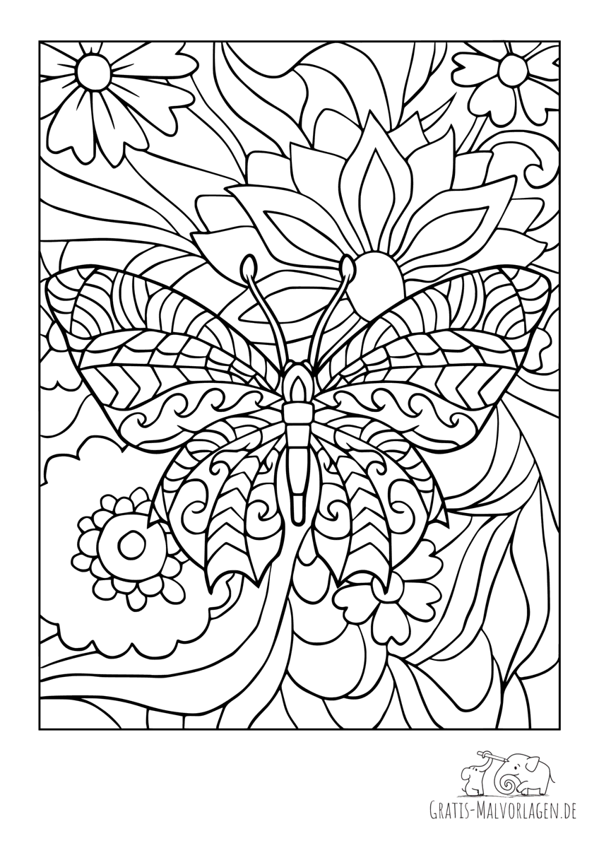 Ausmalbild Schmetterling mit Blumen und Blättern - Gratis Malvorlagen
